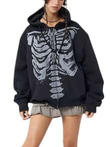 Women's Spring Autumn Casual Hooded Coat Black Long Sleeve Skull Print Zipper Hoodie - 黑色 - 查看 4