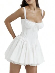 Women's Square Neck Sleeveless Mini Dress Ruched Waist Tiered Ruffle Hem A Line Short Dresses Tie-Up Front Flowy Dress For Club Party - 白色 - 查看 1