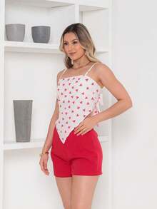 Belala Moda New Set Of One-Size-Fits-All Shirt That Ties At The Back And With Print, Shorts With Zipper And No Pocket - 紅色 - 查看 5