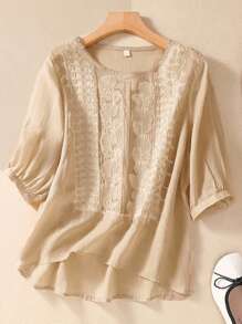 Women's Loose Retro Embroidery Pullover Tops, Spring/Summer - Khaki - View 9