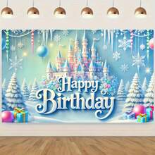 Biểu ngữ sinh nhật Winter Castle & Snowflakes - Trang trí tiệc theo chủ đề công chúa băng giá, phông nền polyester đa năng cho lễ kỷ niệm trong nhà/ngoài trời của Hego - 1 cái - Xem 1
