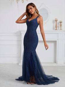 女士正式晚礼服 V领撞色亮片蕾丝拼接网纱鱼尾裙摆正式伴娘礼服 - 藏蓝色 - 查看 6