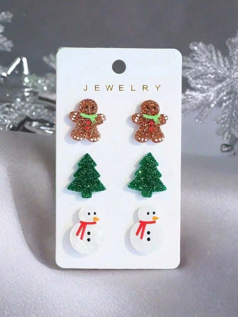 Bộ 3 đôi khuyên tai chủ đề Giáng sinh, Người tuyết, Người bánh gừng, Hoa tai in hình cây thông Noel, Trang sức thời trang - Nhiều màu - Xem 1