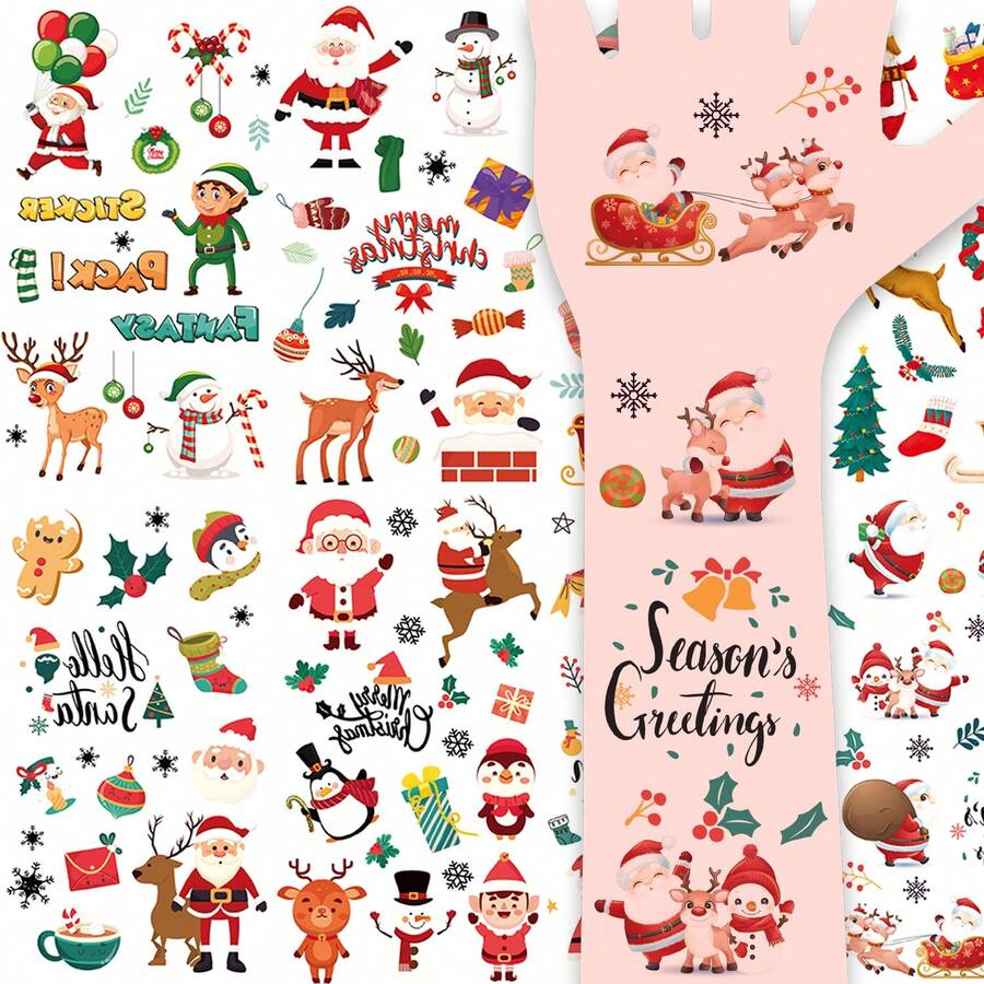 10 件圣诞临时纹身贴纸，146 件卡通圣诞老人和雪人圣诞图案假纹身，防水，可持续 2-5 天，适用于圣诞派对化妆，适合作为圣诞礼物 - 彩色 - 查看 1