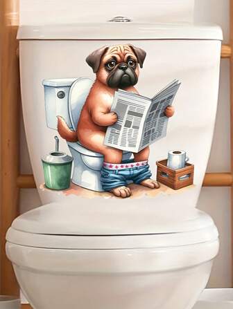 1 件可爱动物系列小狗阅读报纸马桶座贴纸 - 自粘浴室墙贴