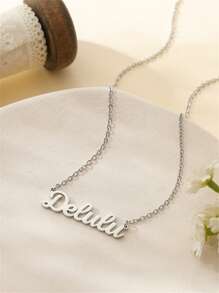 1pc Personalized Daily Name Necklace, Stainless Steel Name Tag Pendant, Gift For Valentine's Day, Bridesmaid, Christmas, Mother's Day, Her - Silver - View 3