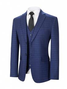 Furuyal Men's Suits Plaid Gentleman Slim Fit Single Breasted 3 Pieces Suit For Men Two Button Blazer Vest Pants Set Business Party Prom Wedding Navy Blue Size XS-3XL - Navy Blue - View 7