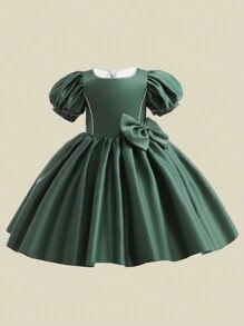 小女孩缎面泡泡袖蝴蝶结优雅花童婚礼礼服，适合庆祝派对，不含头饰 - 墨綠色 - 查看 4