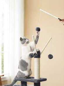 Feandrea Tiragraffi per Gatti, Albero per Gatti, Grotta per Gattini Micini, Diversi Livelli di Peluche, 42 x 32 x 118 cm, Graffitoio, 3 Bastoncini Pompom Rimovibili, Grigio Fumo