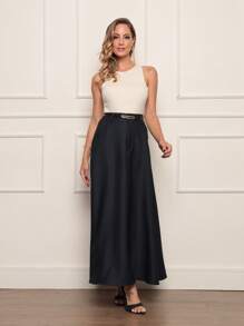 Women's Long Skirt With Tailored Belt - Màu xanh hải quân - Xem 1