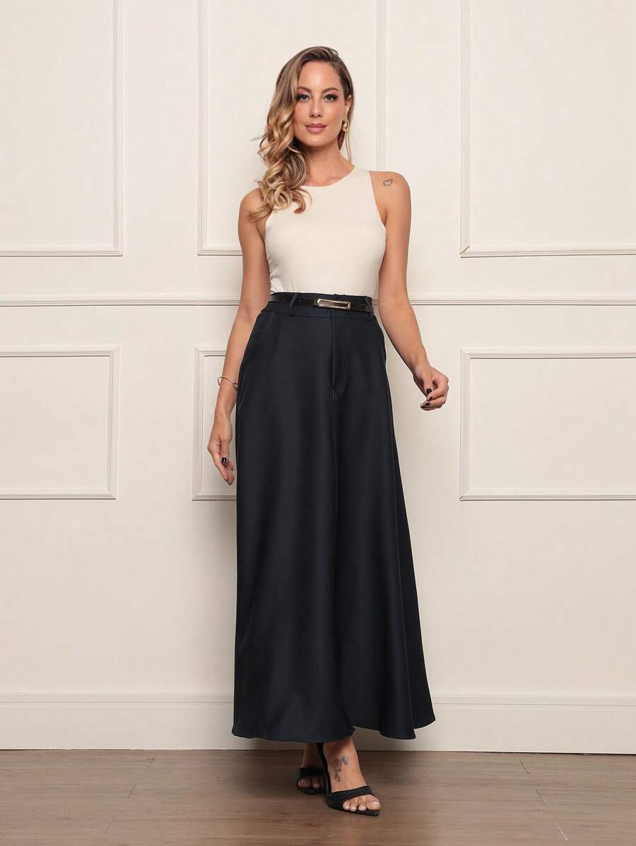 Women's Long Skirt With Tailored Belt - Màu xanh hải quân - Xem 1