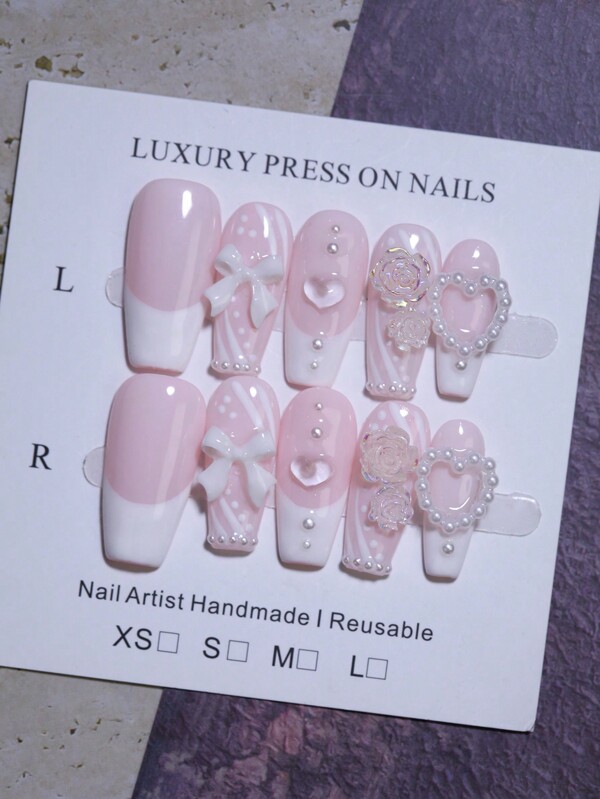 10 piezas Uñas postizas tipo ataúd de largo medio con diseño de arte de uñas hecho a mano de lazos con forma de corazón 3D en color rosa pálido, uñas falsas reutilizables para decoración de uñas, diseño de regalo para niñas