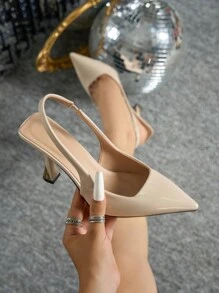 Women's Solid Color Pointed Toe High Heel Shoes, Slingback Ankle Strap Open Toe High Heels, Suitable For Outdoor Daily Wear, Commuting, Shopping, Party, Formal Occasions, Elegant And Versatile, Nude Comfortable PU Heels For Autumn