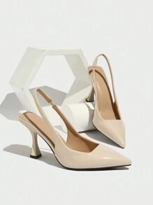 Women's Solid Color Pointed Toe High Heel Shoes, Slingback Ankle Strap Open Toe High Heels, Suitable For Outdoor Daily Wear, Commuting, Shopping, Party, Formal Occasions, Elegant And Versatile, Nude Comfortable PU Heels For Autumn