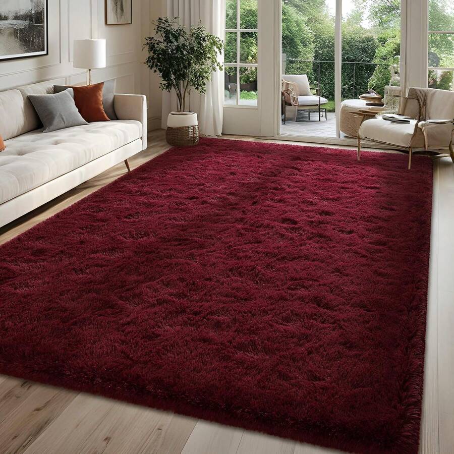 Fluffy Modern Area Rugs For Living Room Bedroom,Plush High Pile Purple Rug For Kids Girls Room Nursery Home Decor, Upgrade Non-Slip Girls Bedroom Soft Indoor Rug - 酒紅色 - 查看 1