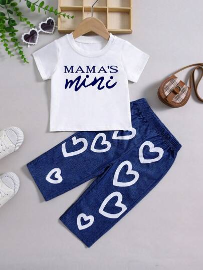 2pcs Baby Girl Casual Loose Fit Short Sleeve Top + Printed Woven Pants Set