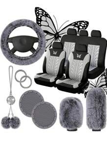 Conjunto Completo De 17 Piezas De Funda Para Asiento De Automóvil Para Mujeres, Fundas Universales Para Asientos Delanteros Y Traseros De Automóvil, Fundas Para El Volante Esponjosas, Funda De Cambio De Freno De Mano De Franela, Colgador De Accesorios Y Etiqueta De Anillo De Emblema - Rosa - Ver 1
