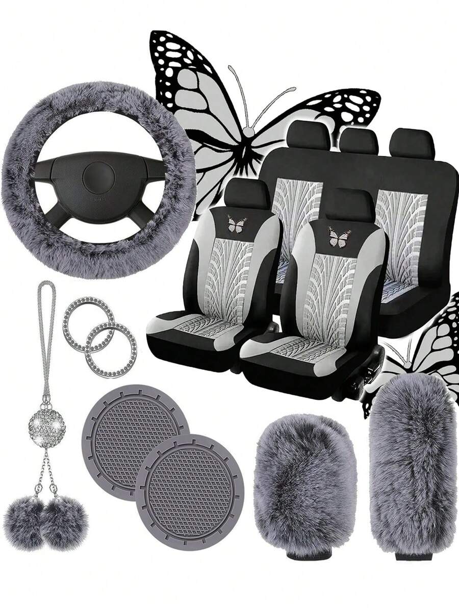 Conjunto Completo De 17 Piezas De Funda Para Asiento De Automóvil Para Mujeres, Fundas Universales Para Asientos Delanteros Y Traseros De Automóvil, Fundas Para El Volante Esponjosas, Funda De Cambio De Freno De Mano De Franela, Colgador De Accesorios Y Etiqueta De Anillo De Emblema - Rosa - Ver 1