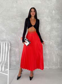 Women's Pleaded Skirt Modest Women's Skirt Pleaded Long Solid Color Midi Skirt - 紅色 - 查看 2