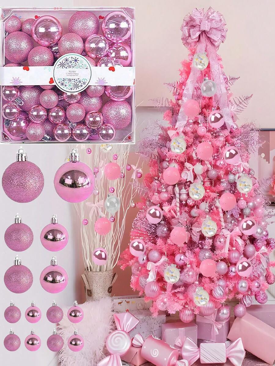 44 件圣诞球装饰、粉色圣诞球和粉色花环圣诞装饰套装和圣诞花圣诞树装饰、人造圣诞花环、防碎圣诞挂球、圣诞金属变形挂花环、顶框花环装饰、楼梯扶手、室内外圣诞装饰、圣诞装饰、圣诞树装饰、圣诞派对、家居装饰、圣诞