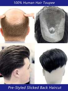 15x20 CM 全 PU 薄皮发系统男士假发，超自然无结 V 形环形男士造型，4 英寸预造型后梳黑色直发人发假发，0.06 毫米薄皮 PU 男士毛细血管假体 - SNatural - 查看 3