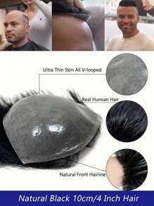 15x20 CM 全 PU 薄皮发系统男士假发，超自然无结 V 形环形男士造型，4 英寸预造型后梳黑色直发人发假发，0.06 毫米薄皮 PU 男士毛细血管假体 - SNatural - 查看 7