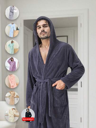 1 قطعة من البشكير المرجاني أحادي اللون، بشكل رداء حمام مقنع للبالغين من الجنسين، ملابس نوم فاخرة، هدية عيد الميلاد للرجال، ملابس منزلية ماصة ناعمة وغير متساقطة