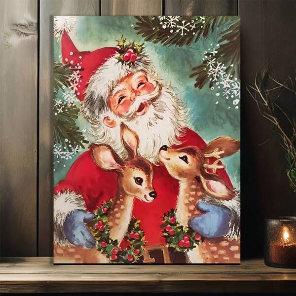 1pc Unique Unframed Canvas Poster, Charming Santa Claus And Reindeer Canvas Art Print, Vintage-Inspired Wall Decor For Living Room, Bedroom, Home Office