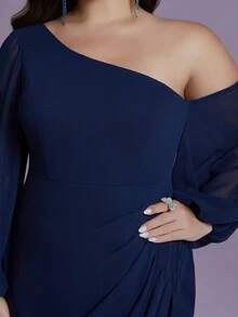 Plus Size Solid Color Asymmetric Neckline Ruffle High-Slit Chiffon Bridesmaid Dress - Blue - View 5