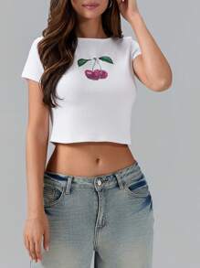 Women's Summer Fitted Crop Tops Short Sleeve Crewneck Solid Color/Pattern Print Cropped T-Shirt - Burgundy - View 3