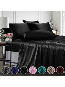 4 Pcs Smooth Satin Silk Sheet Set Deep Pocket Bed Sheet Wrinkle Fade Resistant - 豆瓣醬 - 查看 5