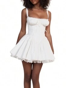 Women's Square Neck Bustier A-Line Dresses Sleeveless Tank Top Lace Trim Stretch Flare Mini Dresses