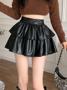 女士高腰褶皱 A 字形 PU 皮革短裙，喇叭形迷你蛋糕裙