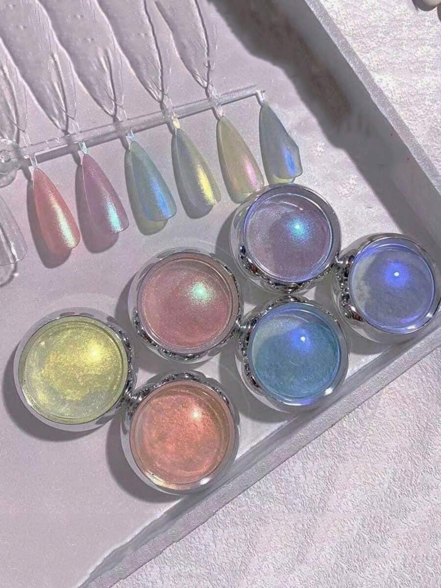 6pcs/Set Aurora Nail Powder, Manicure Glitter With Application Tools, Rainbow Nail Powder, Mermaid Friction Powder, White Pearl Decor, 6pcs Holographic Mirror Aurora Powder - 彩色 - 查看 1