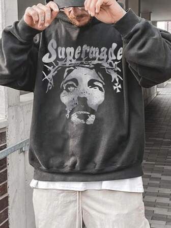 1 件男士字母和肖像图案连帽衫，无口袋