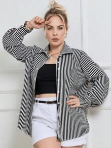 Women's Long Sleeve Formal Or Casual Striped Shirt With Button In Crepe Crepe Fabric, Loose, Wide Boho Look Blouse - 黑色 - 查看 2