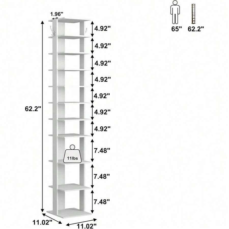 10Tier Narrow Shoe Rack, Wood Shoe Shelf, Entryway Shoe Tower For