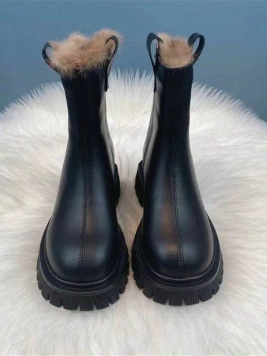 LangMoon Women's Chunky Platform Chelsea Boots Mid Calf Boots Square Toe Pull-On Ankle Booties Thermal Lined - Black - View 1