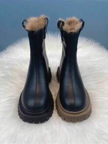 LangMoon Women's Chunky Platform Chelsea Boots Mid Calf Boots Square Toe Pull-On Ankle Booties Thermal Lined - Black - View 3