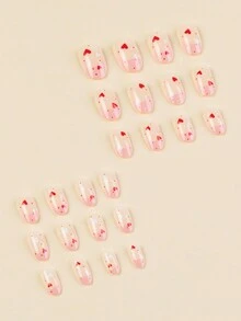 24 件/套短方形假指甲，扎染心形和彩色法式美甲设计，时尚欧美风格，包括 1 件凝胶面漆和 1 件底漆，适合派对、舞蹈和日常佩戴，可重复使用和拆卸 - 彩色 - 查看 2