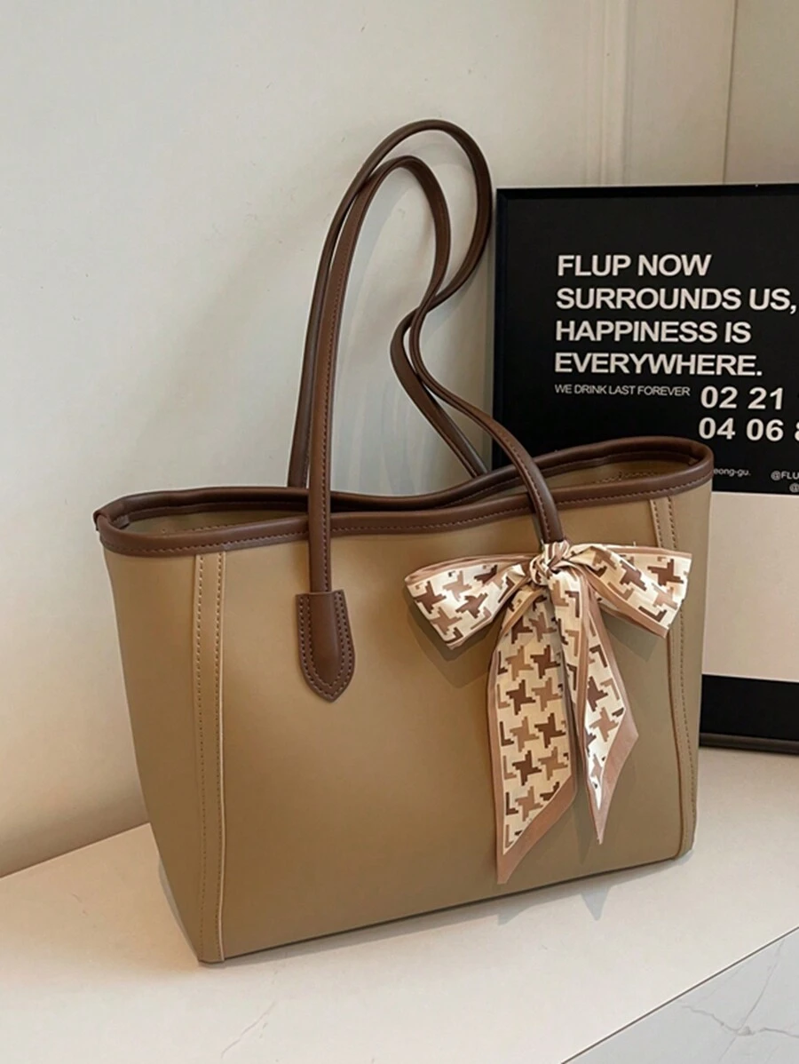 1 pieza Bolso de mano grande de estilo vintage, sencillo y casual, con capacidad amplia, decorado con bufanda de color liso y PU, adecuado para mujer y viaje. Bolso de mujer con lazo de moda para San Valentín.