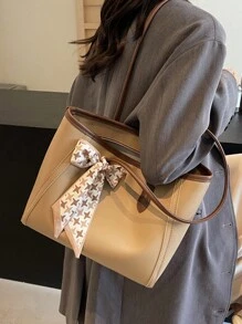 1 pieza Bolso de mano grande de estilo vintage, sencillo y casual, con capacidad amplia, decorado con bufanda de color liso y PU, adecuado para mujer y viaje. Bolso de mujer con lazo de moda para San Valentín.