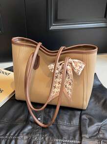 1 pieza Bolso de mano grande de estilo vintage, sencillo y casual, con capacidad amplia, decorado con bufanda de color liso y PU, adecuado para mujer y viaje. Bolso de mujer con lazo de moda para San Valentín.