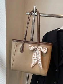 1 pieza Bolso de mano grande de estilo vintage, sencillo y casual, con capacidad amplia, decorado con bufanda de color liso y PU, adecuado para mujer y viaje. Bolso de mujer con lazo de moda para San Valentín.