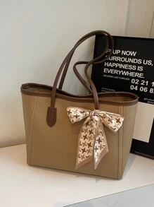 1 pieza Bolso de mano grande de estilo vintage, sencillo y casual, con capacidad amplia, decorado con bufanda de color liso y PU, adecuado para mujer y viaje. Bolso de mujer con lazo de moda para San Valentín.
