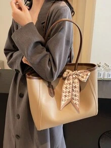 1 pieza Bolso de mano grande de estilo vintage, sencillo y casual, con capacidad amplia, decorado con bufanda de color liso y PU, adecuado para mujer y viaje. Bolso de mujer con lazo de moda para San Valentín.