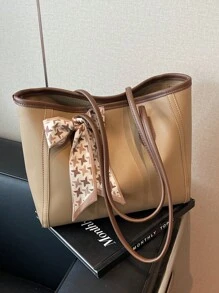 1 pieza Bolso de mano grande de estilo vintage, sencillo y casual, con capacidad amplia, decorado con bufanda de color liso y PU, adecuado para mujer y viaje. Bolso de mujer con lazo de moda para San Valentín.