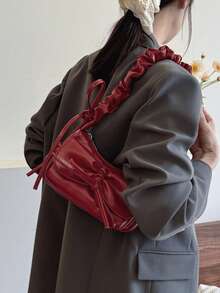 Túi đeo vai Hobo thời trang thanh lịch Burgundy dành cho nữ, Túi đeo dưới cánh tay thiết kế buộc dây, Túi đeo chéo có dây đeo có thể điều chỉnh, Váy sinh nhật cho nữ, Túi đeo vai màu đỏ, Thích hợp cho đi chơi, hẹn hò và đi làm - Màu Đỏ Sâu - Xem 5