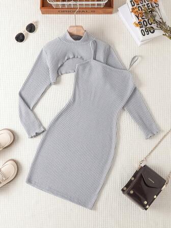 Conjunto de vestido de niña preadolescente con suéter de manga larga y camisola de punto