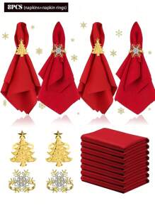 8pcs/Set Christmas Red Cloth Napkins And Christmas Snowflake Christmas Tree Napkin Rings, Suitable For Christmas, Parties, Weddings, Dining Table Decorations - Multicolor - View 5